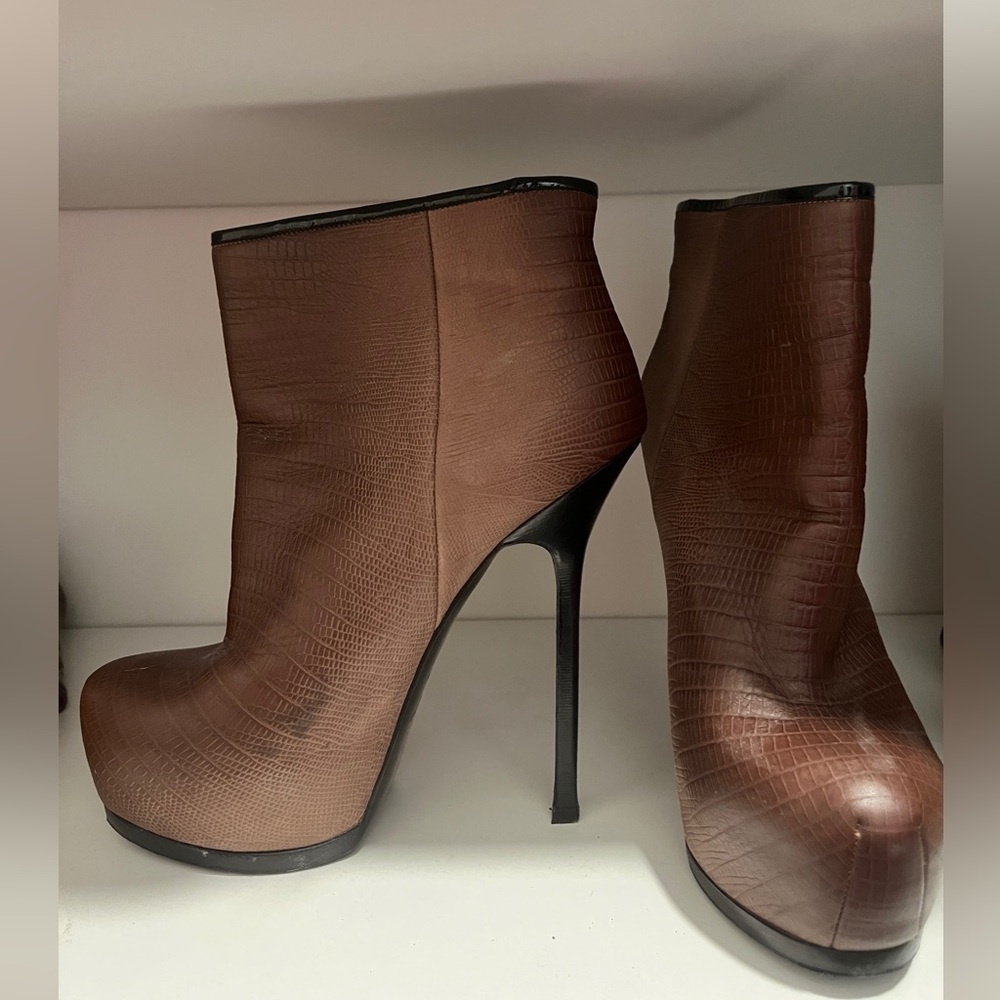 YSL Crocodile brown high heel ankle booties size 38